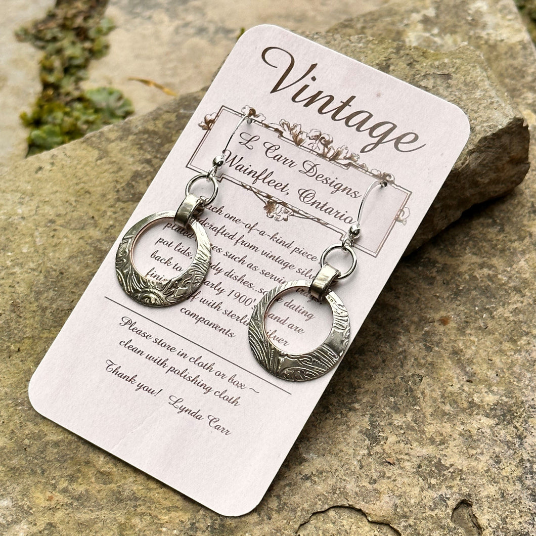 Open circle earrings dangle from casserole folded loop short sterling silver wires recycled vintage bread plate handmade artisan jewellery