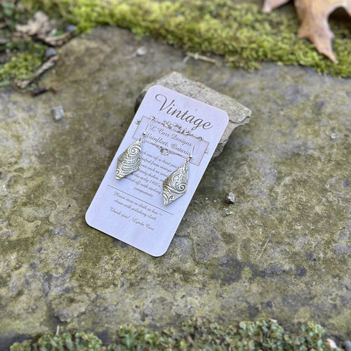 Medium sized diamond-shaped earrings sterling wires vintage serving tray recycled restyled Canadian handmade jewellery