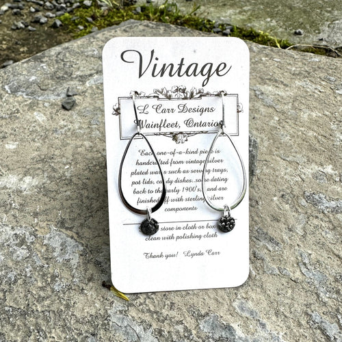Long earrings tiny circles hanging on teardrop hoop floral print sterling leverback ear wires Victorian bridal basket vintage antique recycled restyled Canadian handmade wearable art