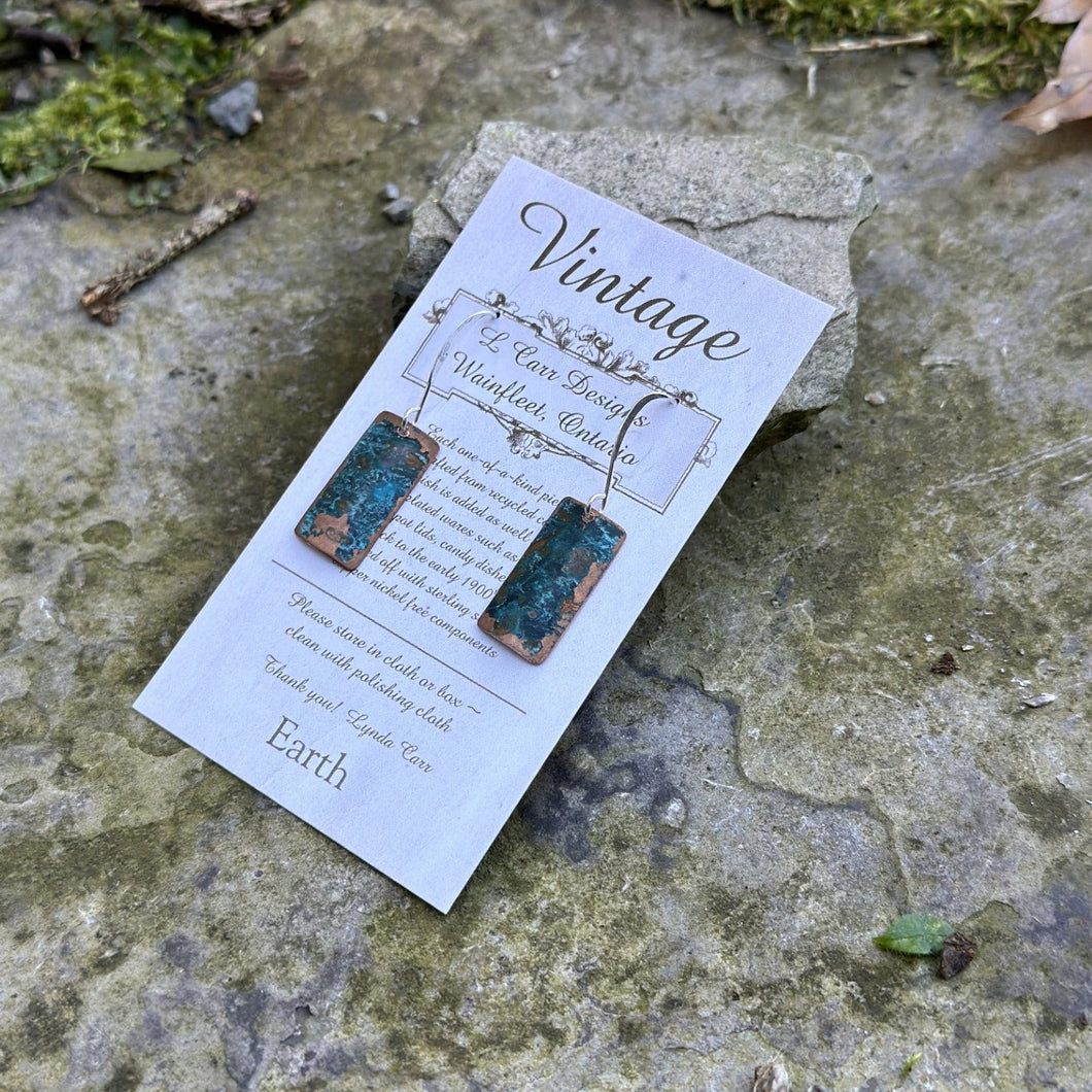 Small rectangle earrings copper with blue-green patina short sterling silver ear wires recycled copper restyled artisan jewellery