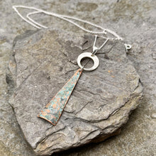 Load image into Gallery viewer, Two piece pendant necklace long copper triangle with blue-green patina silver open circle sterling silver chain recycled copper restyled vintage bread plate artisan jewellery

