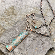 Load image into Gallery viewer, Rectangle pendant necklace copper with blue-green patina copper chain recycled copper restyled artisan jewellery
