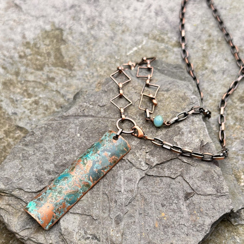 Rectangle pendant necklace copper with blue-green patina copper chain recycled copper restyled artisan jewellery
