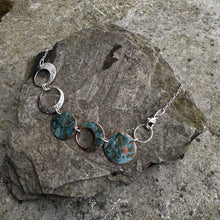 Load image into Gallery viewer, Five across circle necklace mixed metal vintage silver and recycled patinated copper adjustable sterling chain restyled handmade Canadian artisan jewellery
