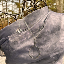 Load image into Gallery viewer, Silver monocle necklace sterling silver circle chain adjustable chain vintage 1800&#39;s optical lens pendant recycled restyled wearable historical art
