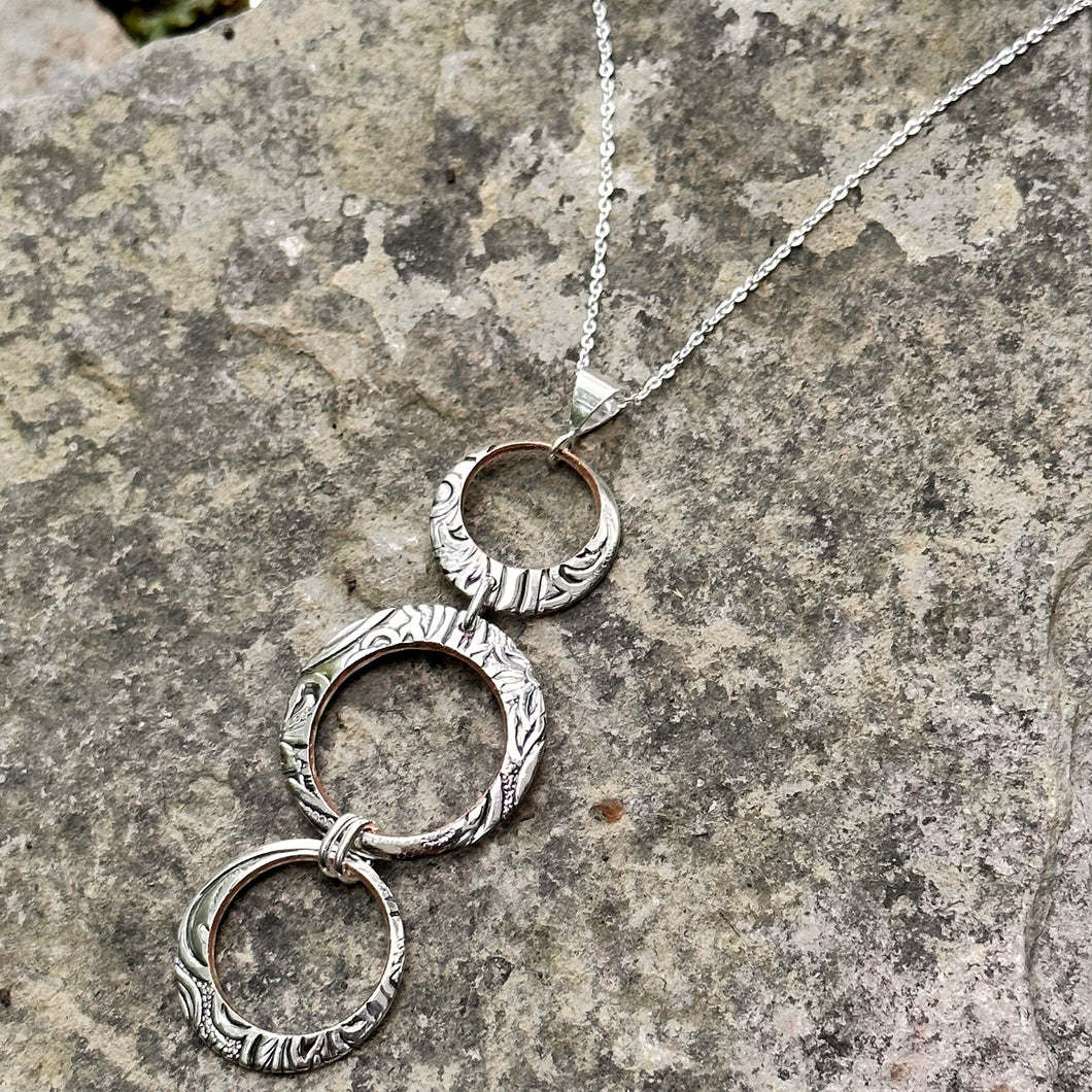 Three open circle down pendant necklace sterling silver chain vintage bread plate handmade oneofakind artisan jewellery
