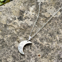 Load image into Gallery viewer, Quarter moon necklace dainty sterling silver chain 16&quot; recycled vintage bread plate restyled Canadian handmade artisan jewellery
