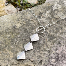 Load image into Gallery viewer, Three diamond down pendant necklace sterling silver chain recycled vintage serving tray restyled wearable art
