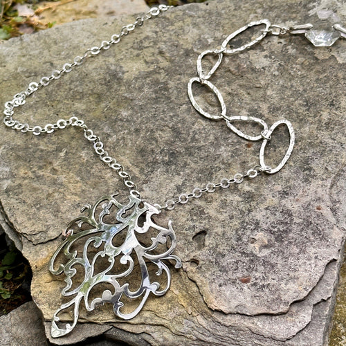 Large filigree pendant statement necklace big funky loops chandelier crystal feature adjustable sterling silver chain recycled restyled vintage serving bowl