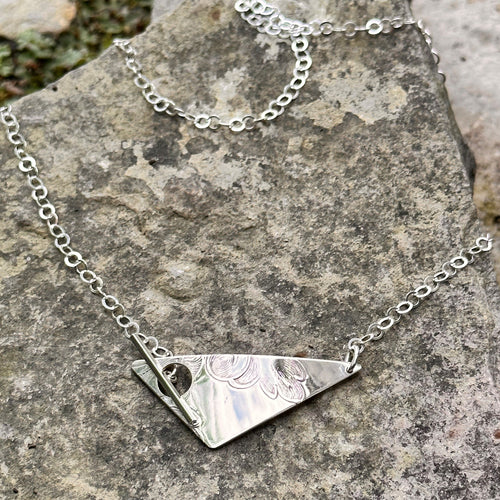 Triangle pendant necklace side toggle front clasp sterling silver chain vintage serving tray recycled restyled artisan jewellery