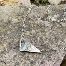 Load image into Gallery viewer, Triangle pendant necklace side toggle front clasp sterling silver chain vintage serving tray recycled restyled artisan jewellery
