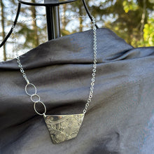 Load image into Gallery viewer, Shown on bodice. Floral print off-square pendant sterling silver chain vintage serving bowl recycled restyled sustainable wearable artful jewellery
