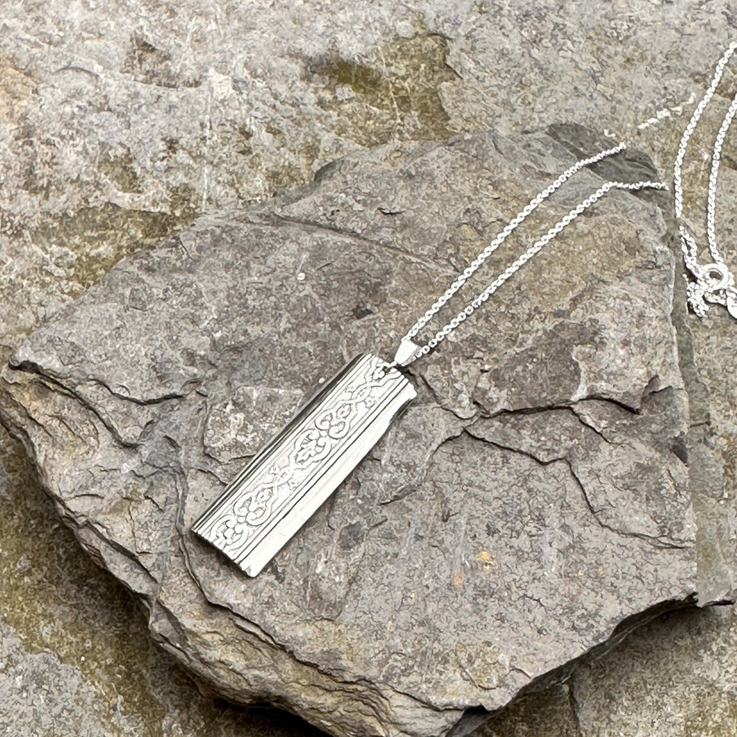Rectangle pendant necklace sterling silver chain vintage casserole recycled restyled handmade artisan jewellery
