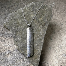 Load image into Gallery viewer, Angled bar pendant necklace sterling chain vintage antique pot lid recycled restyled Canadian handmade wearable art
