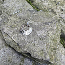 Load image into Gallery viewer, Double circle pendant necklace sterling chain small open circle within larger open circle vintage antique bread plate recycled restyled Canadian handmade wearable art
