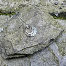 Load image into Gallery viewer, Double circle pendant necklace sterling chain small open circle within larger open circle vintage antique bread plate recycled restyled Canadian handmade wearable art
