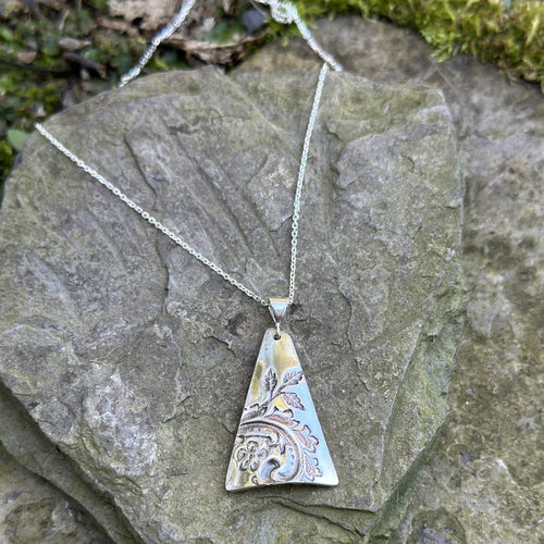 Triangular pendant necklace sterling silver chain recycled vintage serving plate restyled handmade artisan jewellery