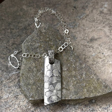 Load image into Gallery viewer, Angled bar pendant necklace floral detail custom bail sterling silver chain vintage antique 1865 bridal basket recycled restyled Canadian handmade wearable art
