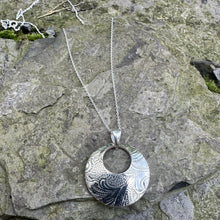 Load image into Gallery viewer, Open circle necklace sterling silver chain bread plate pendant vintage recycled restyled handmade Canadian jewellery wearable historical art
