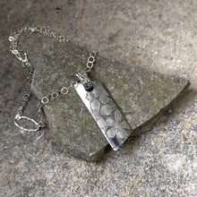 Load image into Gallery viewer, Angled bar pendant necklace floral detail custom bail sterling silver chain vintage antique 1865 bridal basket recycled restyled Canadian handmade wearable art
