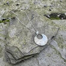 Load image into Gallery viewer, Open circle necklace sterling silver chain bread plate pendant vintage recycled restyled handmade Canadian jewellery wearable historical art
