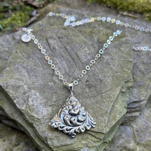 Load image into Gallery viewer, Triangle pendant necklace swirly repousse print long sterling chain 1800s sugar bowl recycled restyled antique to unique wearable art
