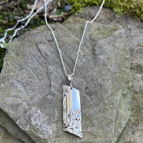 Angled rectangle pendant necklace sterling silver chain recycled vintage serving plate restyled handmade artisan jewellery