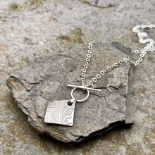 Load image into Gallery viewer, Rhombus diamond pendant necklace toggle front sterling silver chain recycled vintage serving tray restyled handmade Canadian jewellery
