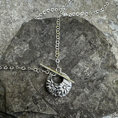 Circle pendant necklace toggle front sterling chain floral print Victorian bridal basket vintage antique recycled restyled Canadian handmade wearable art