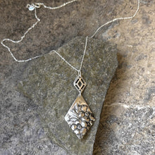 Load image into Gallery viewer, Double down diamond/kite shape pendant necklace sterling chain vintage antique serving bowl &amp; casserole recycled restyled Canadian handmade wearable art
