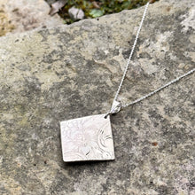 Load image into Gallery viewer, Floral print diamond pendant sterling silver chain vintage serving tray recycled restyled sustainable wearable artful jewellery
