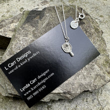 Load image into Gallery viewer, A dainty paddle pendant measuring .5" sitting on a 16" sterling silver chain and finished with a signature LCarr vintage tag.
