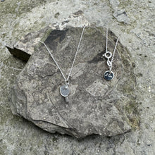 Load image into Gallery viewer, A dainty paddle pendant measuring .5" sitting on a 16" sterling silver chain and finished with a signature LCarr vintage tag.
