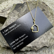 Load image into Gallery viewer, An upside down paddle pendant swinging from an 18" gold plated over sterling silver chain and finished with a signature LCarr vintage tag.
