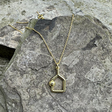 Load image into Gallery viewer, An upside down paddle pendant swinging from an 18" gold plated over sterling silver chain and finished with a signature LCarr vintage tag.

