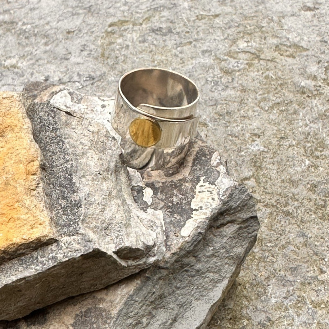 Layered wrap ring vintage silver brass accent dot recycled restyled drum cymbal wearable art handmade artisan jewellery