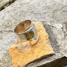 Load image into Gallery viewer, Layered wrap ring vintage silver brass accent dot recycled restyled drum cymbal wearable art handmade artisan jewellery
