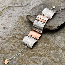 Load image into Gallery viewer, 5 section link bracelet layered pieces silver copper recycled restyled vintage wares &amp; hydro wire Canadian handmade artisan jewellery wearable art
