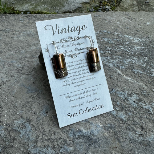 Layered rectangle earrings copper over silver sterling leverback wires high shine recycled copper restyled wearable art handmade jewellery Canadian artisan made 