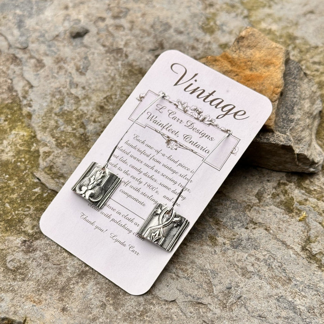 Small square earrings long sterling wires vintage casserole recycled restyled handmade artisan jewellery