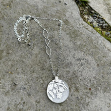 Load image into Gallery viewer, Long adjustable necklace circle pendant silver glass overlay sterling chain recycled restyled reloved artisan handmade Canadian jewellery
