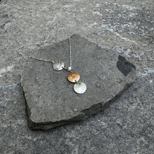 Load image into Gallery viewer, Three circle sun necklace two silver one copper dainty sterling chain highshine copper &amp; vintage silver recycled hydro wire antique bread plate restyled handmade Canadian jewellery
