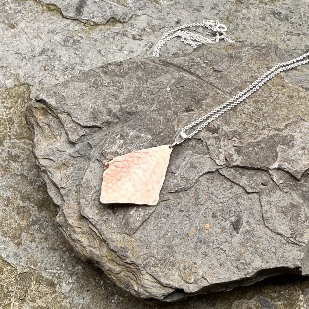 High-shine textured copper diamond pendant necklace recycled restyled hydro wire sterling silver chain handmade artisan jewellery