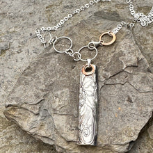 Load image into Gallery viewer, Rectangle pendant necklace layered circle adjustable sterling silver chain Sun collection recycled vintage serving tray Ontario hydro wire copper Canadian handmade artisan jewellery
