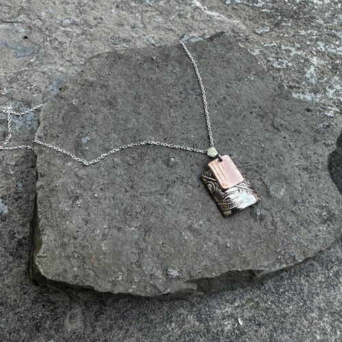 Layered rectangle sun pendant necklace sterling silver chain highshine copper over vintage silver recycled hydro wire antique bread plate restyled handmade Canadian jewellery