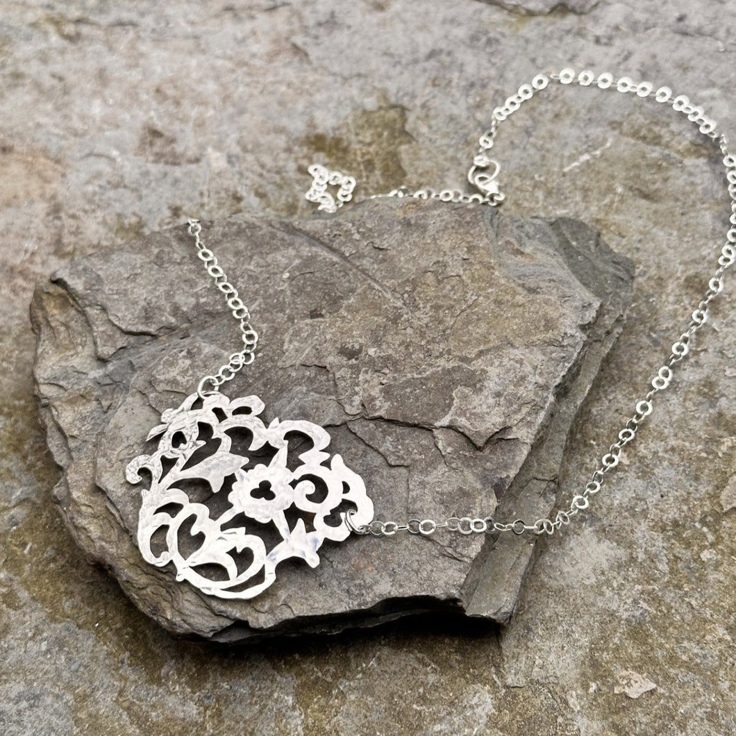 Sterling silver filigree necklace floral adjustable chain vintage serving bowl restyled artisan jewellery