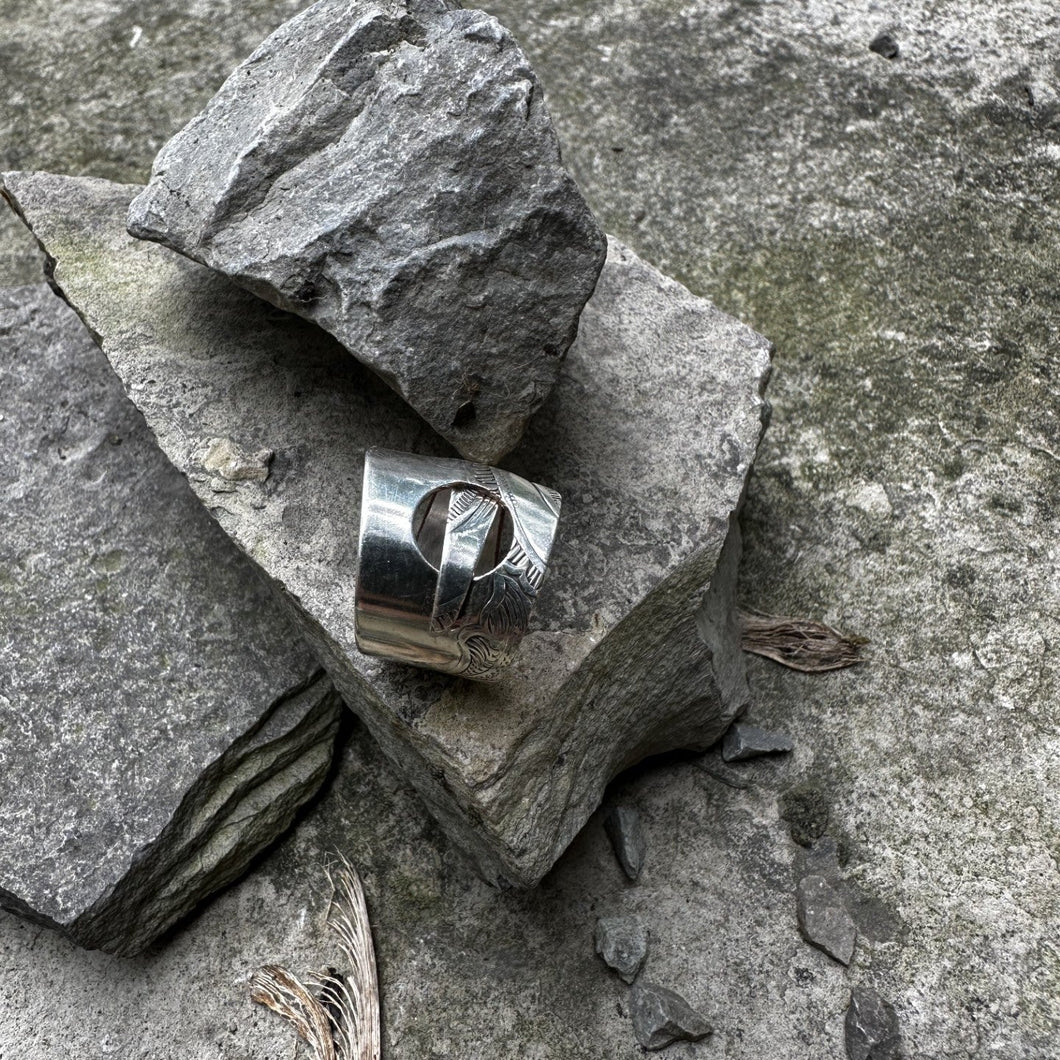 Belt wrap ring vintage silver pot lid recycled restyled wearable art handmade artisan jewellery