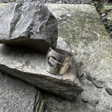 Load image into Gallery viewer, Belt wrap ring vintage silver pot lid recycled restyled wearable art handmade artisan jewellery
