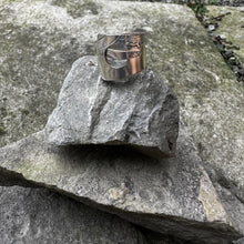 Load image into Gallery viewer, Belt wrap ring vintage silver pot lid recycled restyled wearable art handmade artisan jewellery
