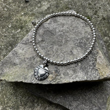 Load image into Gallery viewer, Sterling silver bead stretch bracelet with small circle charm 1865 bridal basket recycled restyled one of a kind vintage jewellery 
